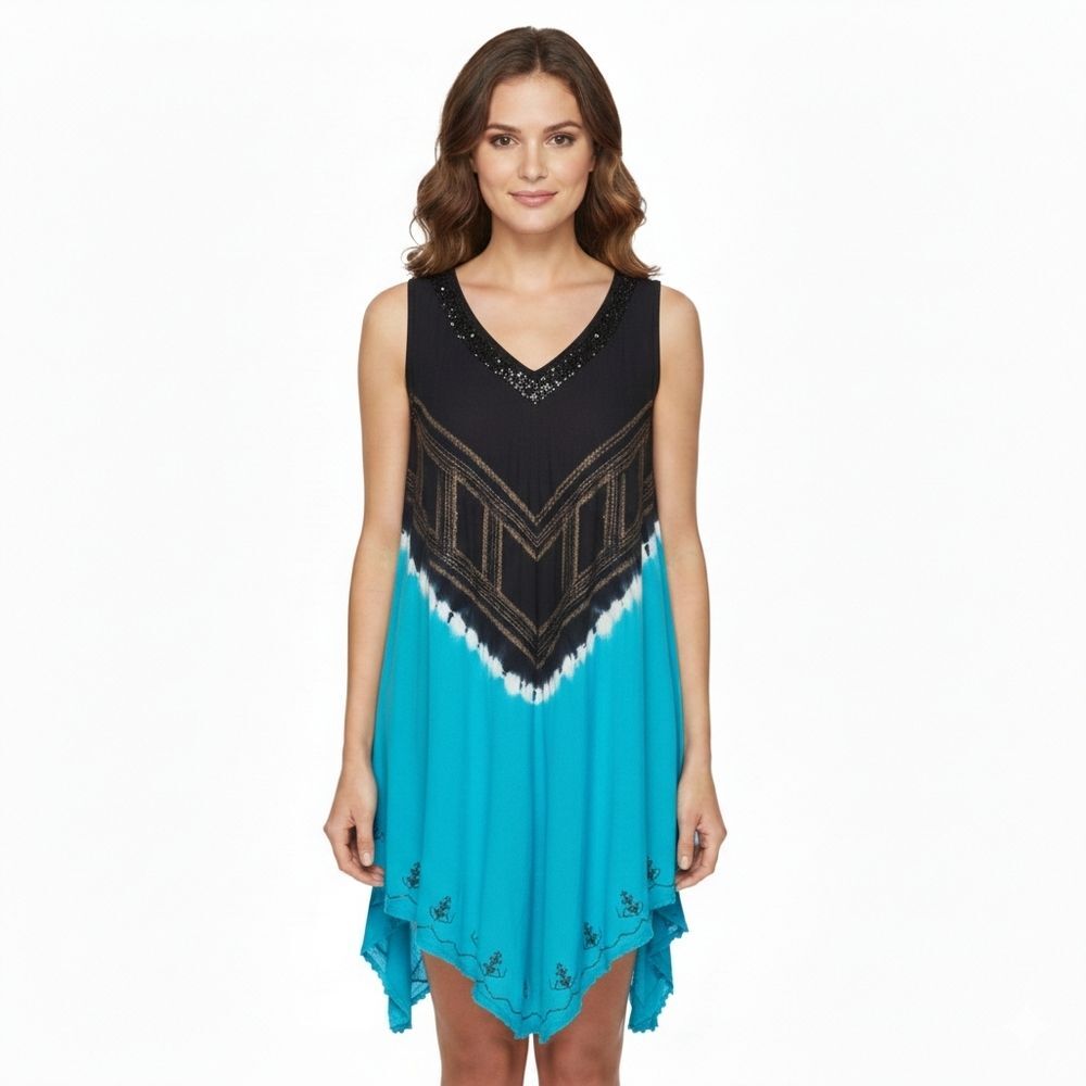 Greater Good Rayon Tie Dye Beaded Bohemian Blue Dress Free Size Plus